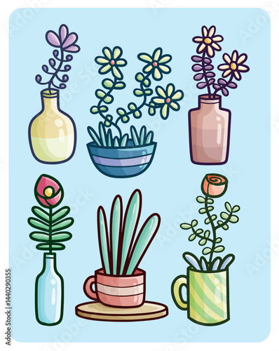 Funny simple indoor plant cartoon illustration collection