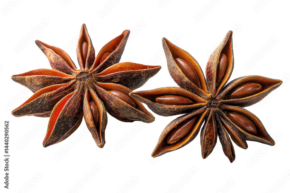 Star Anise in Close-Up: Detailed shot of two star anise, showcasing the unique star-like shape, the rich, warm tones, and the potential for flavor. A culinary delight, this is spice at its finest. Star Anise in Close-Up: Detailed shot of two star anise, showcasing the unique star-like shape, the rich, warm tones, and the potential for flavor. A culinary delight, this is spice at its finest.