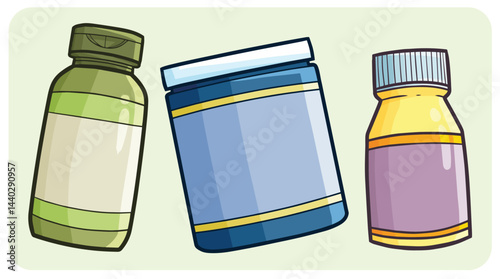 Funny three supplements packaging cartoon illustration set