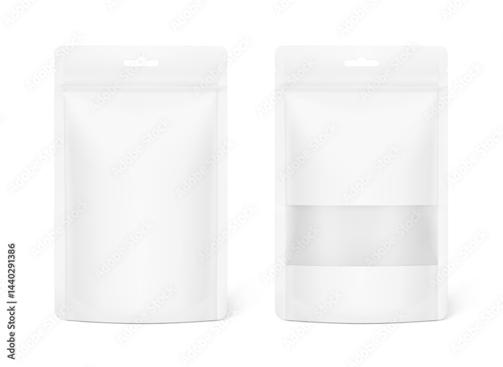 Pouch stand bag and pouch stand bag with clear window mockups. Vector illustration isolated on white background. Easy to make a realistic mockup of your product. Ready for your design. EPS10. Pouch stand bag and pouch stand bag with clear window mockups. Vector illustration isolated on white background. Easy to make a realistic mockup of your product. Ready for your design. EPS10.