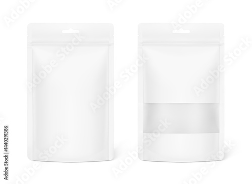 Pouch stand bag and pouch stand bag with clear window mockups. Vector illustration isolated on white background. Easy to make a realistic mockup of your product. Ready for your design. EPS10.