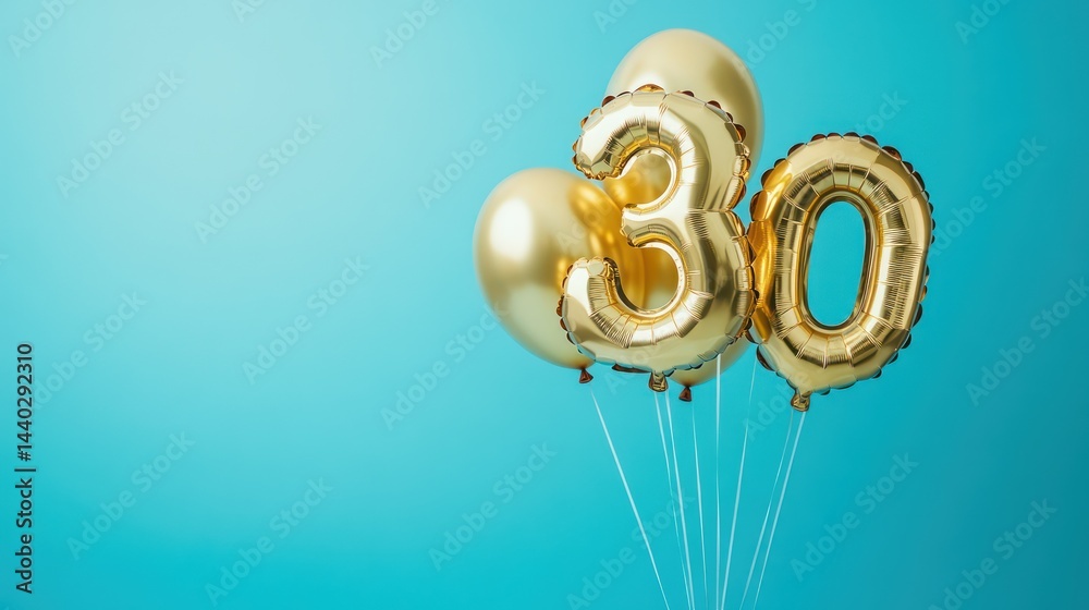 Golden celebration: 30th birthday balloons against a vibrant turquoise backdrop