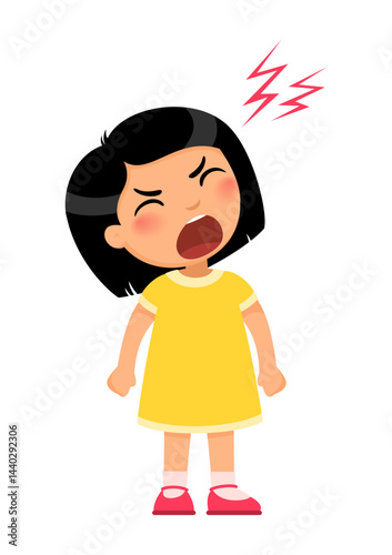 Little girl is very angry or irritated. Concept of child disobedience, screaming, hysterical, outburst of emotions.
Cartoon character illustration