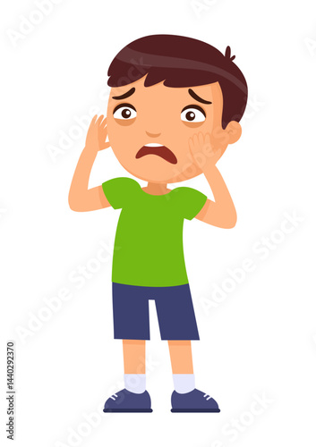 Little boy scared.
Concept of emotions shock, fear, surprise or confusion.
Cute cartoon character