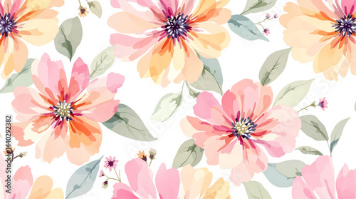 Seamless watercolor flowers pattern. Hand painted flowers of different colors, Flowers for design