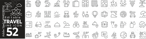Travel Holiday Thin Line Icon Set. Vacation, Trip, Destinations, Airplane, and More. Vector Illustration.
