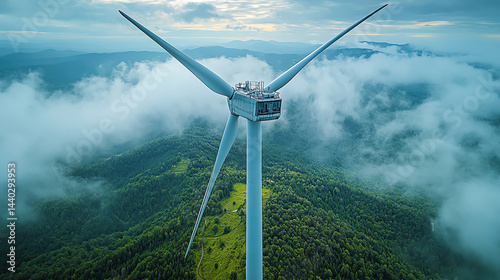 Drone view spiraling upward around giant wind turbine