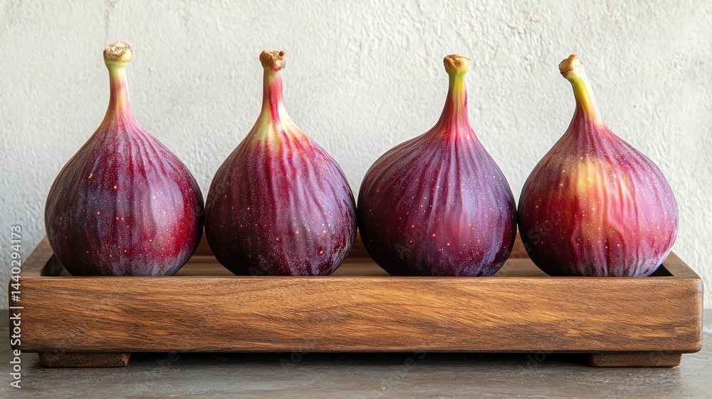 Obraz premium Four ripe figs on wooden tray against neutral background, soft natural lighting