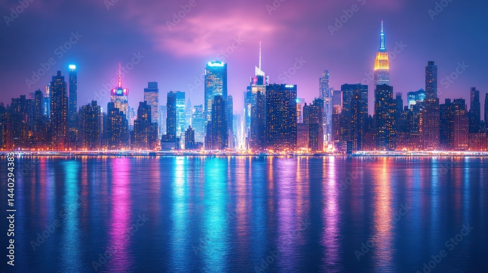 Obraz premium Night Lights of Midtown Manhattan: A Vibrant Cityscape Reflection