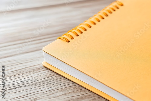 A pale orange spiral-bound notebook rests on a light wood surface