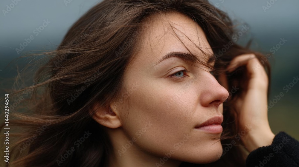 Fototapeta premium Close-up portrait of a young woman's face. she has long, wavy brown hair that is blowing in the wind. her eyes are closed and her expression is peaceful and serene.