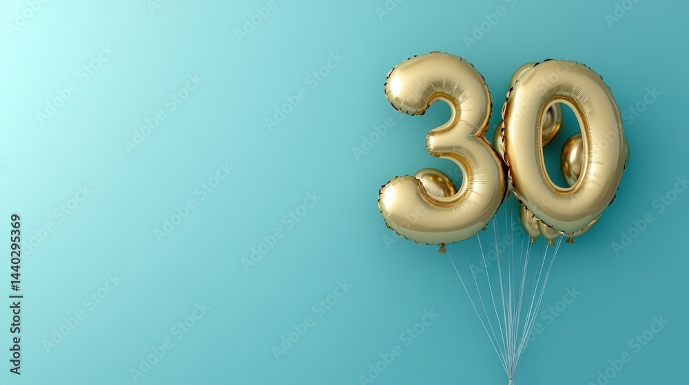Golden inflatable number thirty against aquamarine backdrop representing anniversary