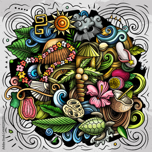 Hawaii cartoon vector doodle illustration. Colorful detailed composition with a lot of Hawaiian objects and symbols