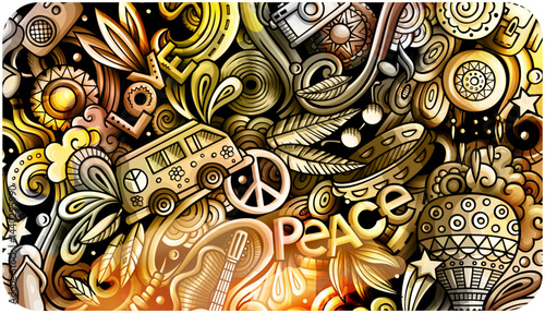 Hippie hand-drawn doodle banner. Cartoon watercolor vintage illustration with objects and symbols. Color vector background