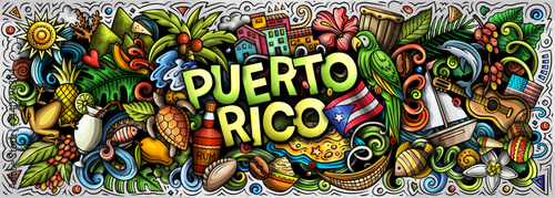Puerto Rico cartoon doodle vector color banner design. Funny Puerto Rican whimsical illustration. 