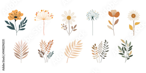 A minimalist boho floral clipart set featuring abstract flowers and tropical leaves in soft neutral and pastel tones