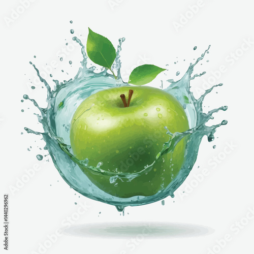 green apple splashing in fresh water isolated on white