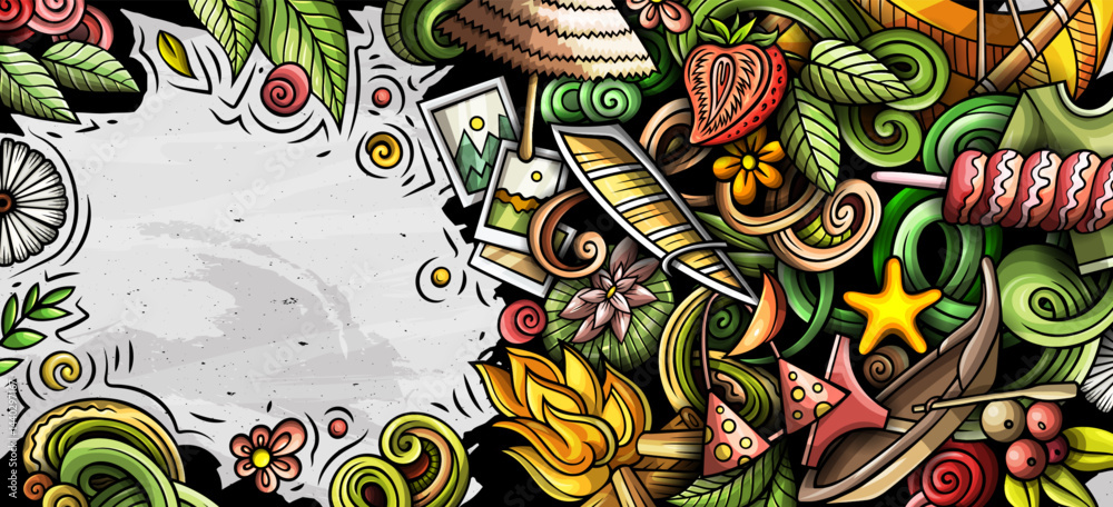 Naklejka premium Summer hand drawn doodle banner. Cartoon vector detailed flyer. Illustration with summertime objects and symbols