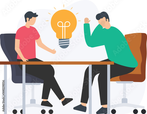 Two businessmen are sitting at a table, one of them is explaining a new idea symbolized by a light bulb while the other one is thinking and trying to understand