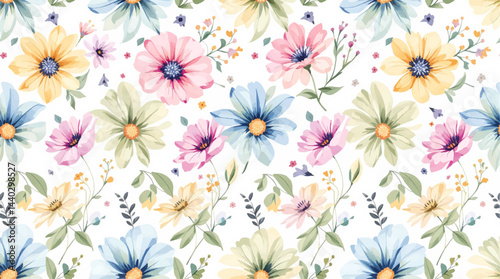Seamless watercolor flowers pattern. Hand painted flowers of different colors. Flowers for design.