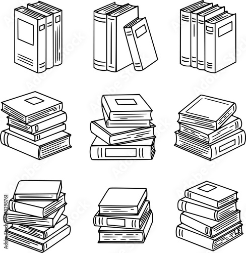 set of carious book black outline thin line vector silhouettes
