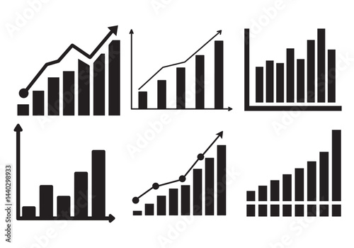 Growing graphic icon set. . Statistics and analytics vector icon. Statistic and data, charts diagrams, money, down or up arrow. Vector illustration.