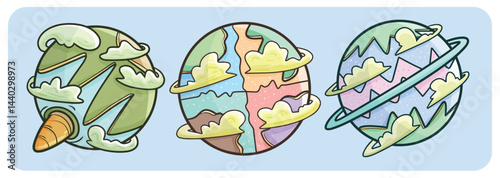 Funny imaginative three planets cartoon illustration set