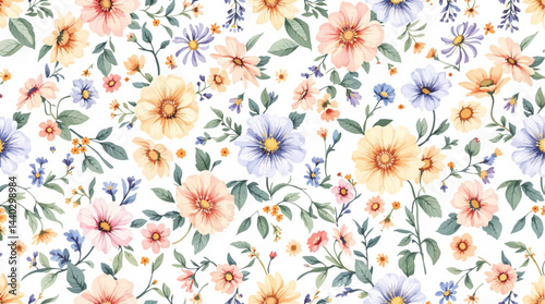 Seamless watercolor flowers pattern. Hand painted flowers of different colors. Flowers for design.