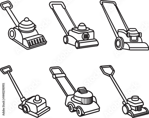 set of brush cutter machine line art, black outline, vector and illustration, coloring book page line art drawing