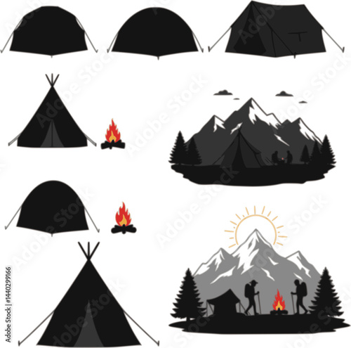 set of vector camping tent, tent icon, camping silhouettes collection, People camping scene, Landscape - camping in mountains silhouettes
