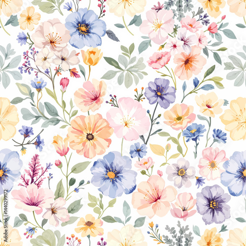 Seamless watercolor flowers pattern. Hand painted flowers of different colors. Flowers for design.