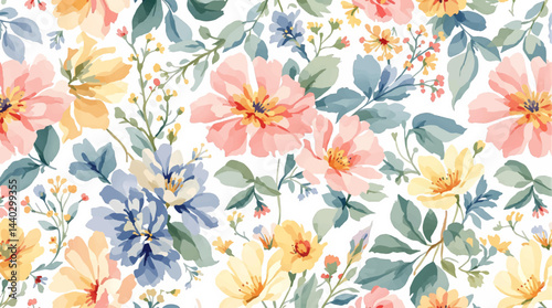 Seamless summer pattern with watercolor flowers handmade.