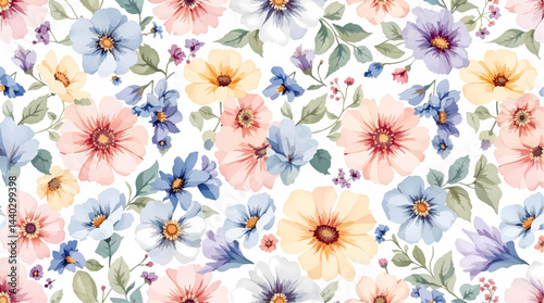 Flower background, Seamless summer pattern with watercolor flowers handmade.