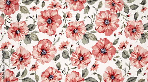 Red Flower background watercolor, Flowers and leaves pattern