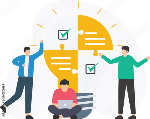 Creative businesspeople are celebrating the completion of a project, putting together puzzle pieces forming a lightbulb with check marks, symbolizing a successful idea and teamwork

