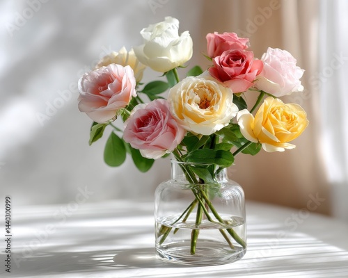 Mixed Pastel Roses in Glass Vase with Soft Natural Light