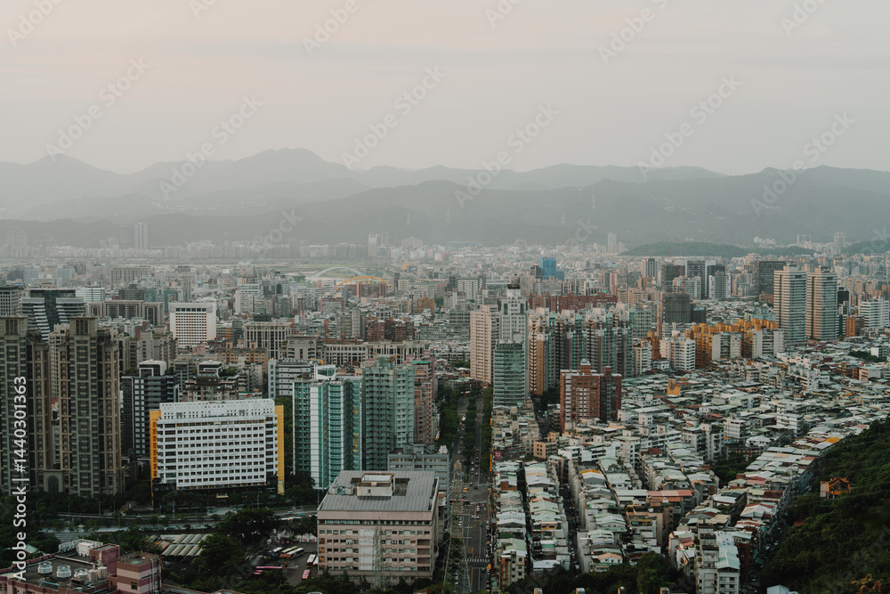 Fototapeta premium aerial view Kaohsiung skyline asia city mountains fog
