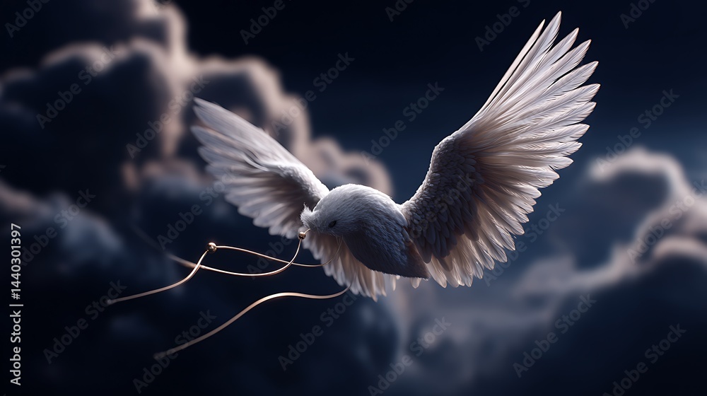 Obraz premium Magical clouds and glowing wings in a fantasy heaven with an enchanted portal and floating castle in a dreamy sky