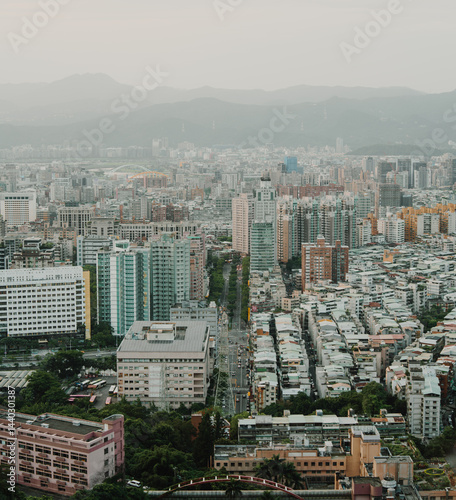 aerial view Kaohsiung skyline asia city mountains fog