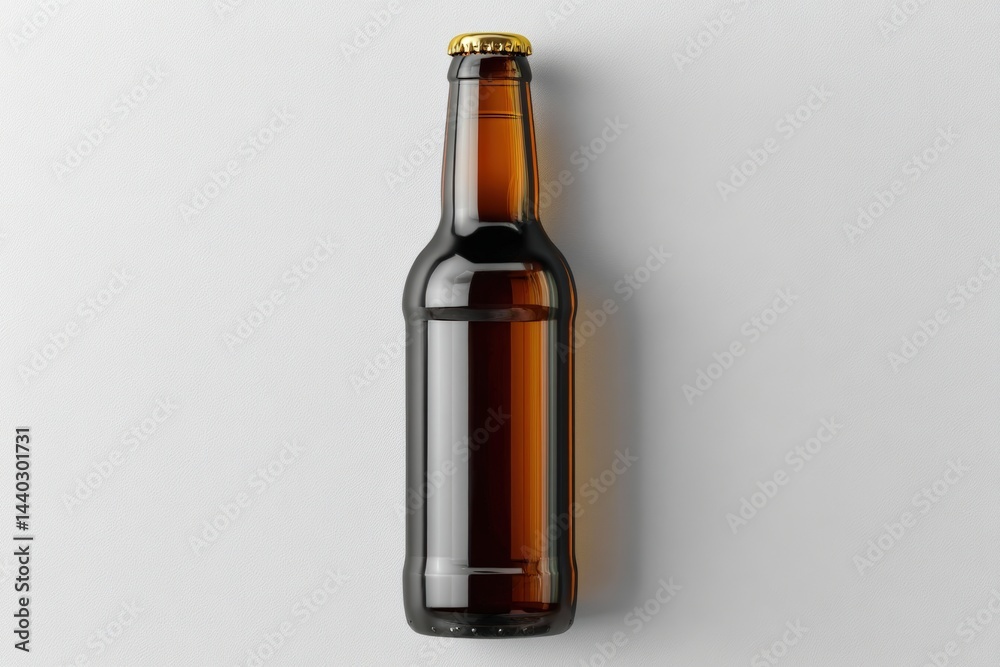Fototapeta premium Brown glass beer bottle with a gold cap on a light background, viewed from above.