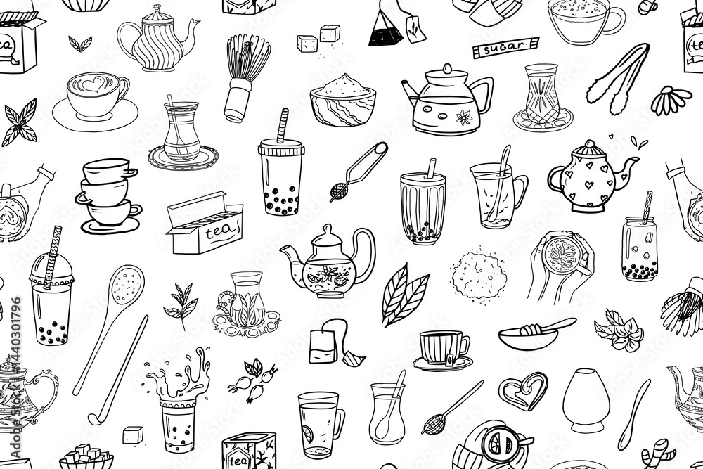Cute seamless pattern of hand drawn tea theme elements in doodle style. Bubble tea, matcha tea, Turkish tea cups. Vector illustration EPS10. Isolated on white background Cute seamless pattern of hand drawn tea theme elements in doodle style. Bubble tea, matcha tea, Turkish tea cups. Vector illustration EPS10. Isolated on white background