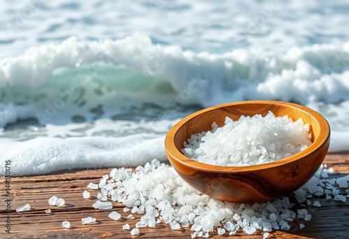 Wooden bowl of sea salt, double exposure with crashing ocean waves, photography, element