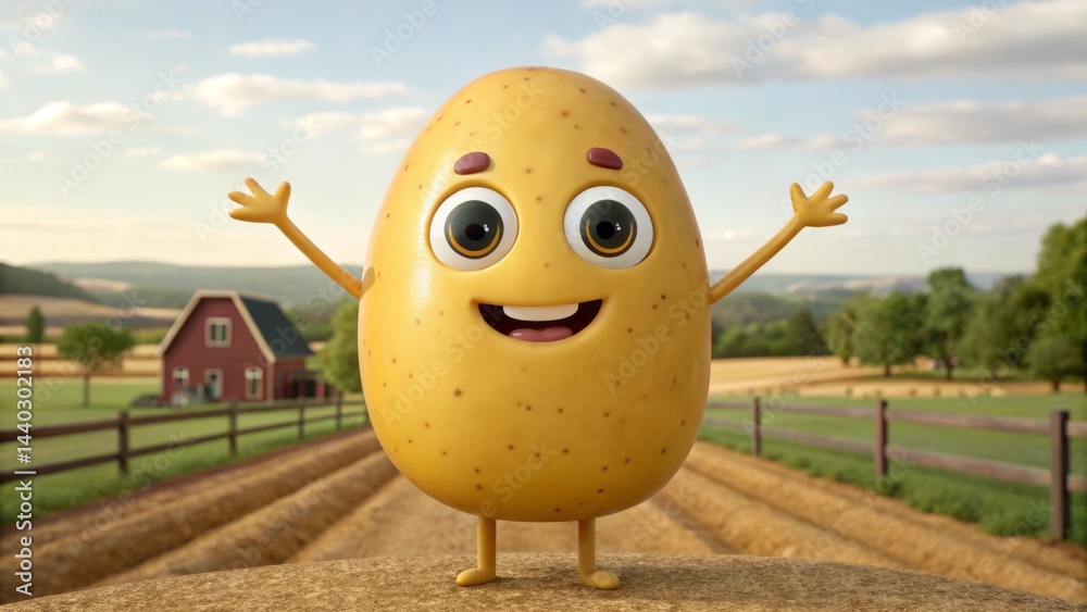 A cheerful cartoon potato character is joyfully standing with arms raised in a sunny countryside, surrounded by lush green fields and a quaint red barn in the background