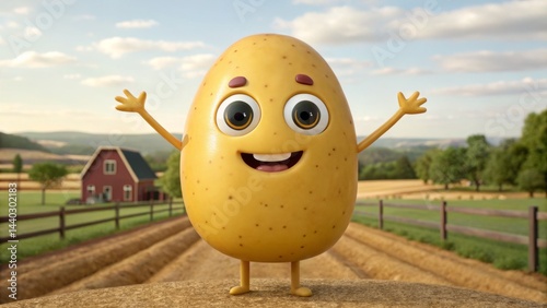 Obraz na płótnie A cheerful cartoon potato character is joyfully standing with arms raised in a sunny countryside, surrounded by lush green fields and a quaint red barn in the background w salonie
