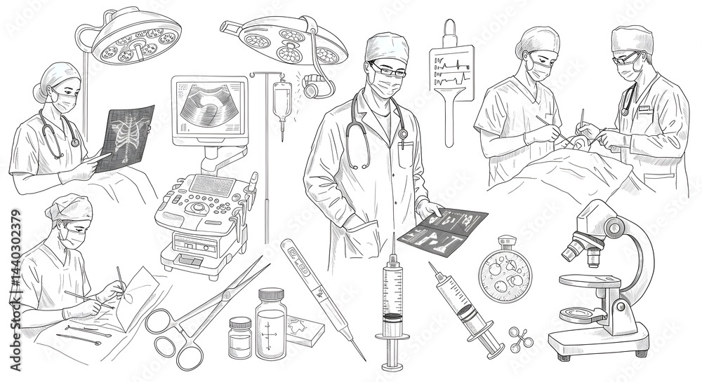 Obraz premium Medical Professionals and Equipment Illustration in Hospital Setting for Healthcare