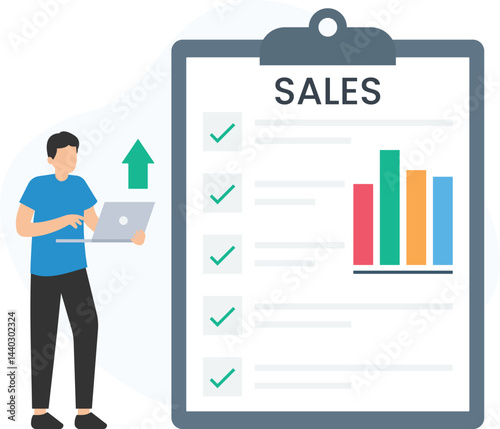 Salesman using laptop with sales increasing, checklist and bar graph showing positive results on clipboard representing sales growth, achievement and business success

