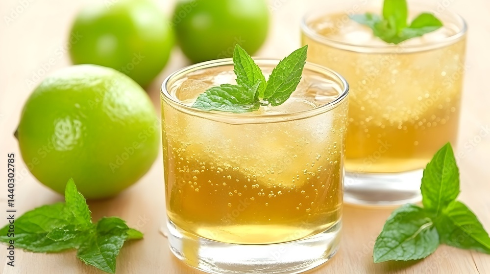 Fototapeta premium Two iced drinks with lime and mint garnish