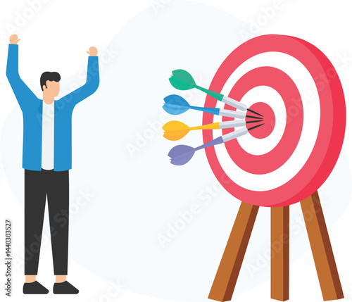 Office worker celebrating reaching goals and objectives hitting the center of a dartboard with colorful darts, business success and achievement concept

