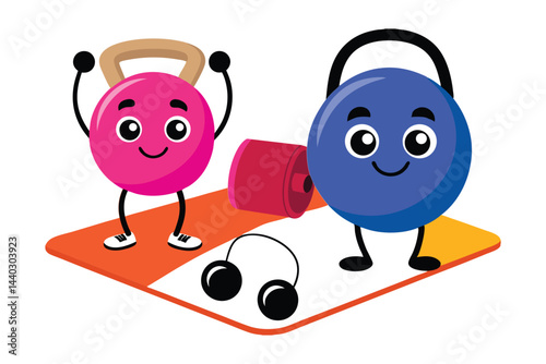 Personal Training Session with Exercise Mats, Kettlebells, Jump Ropes | Fun Friendly Flat Vector Art