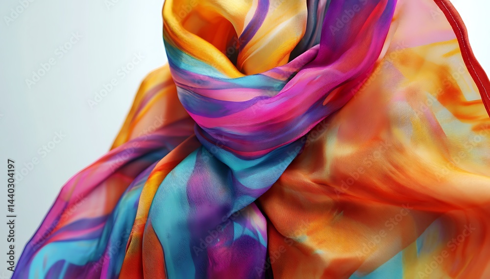 Fototapeta premium Colorful Textile Scarf Abstract Design with Flowing Fabric in Yellow, Blue, Pink